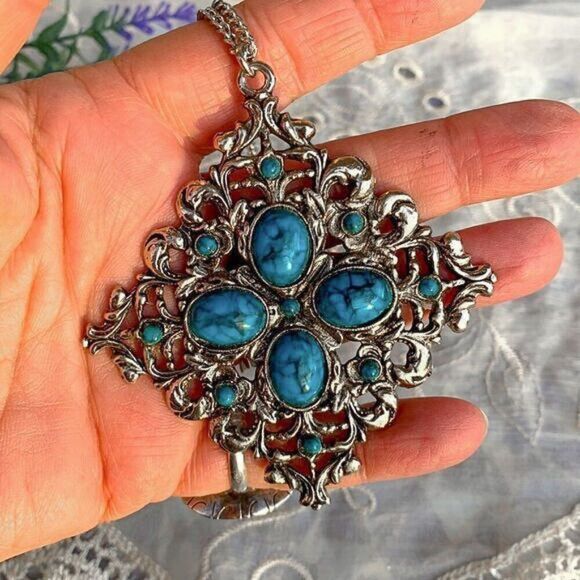 Fabulous Vintage 70’s Faux Turquoise Victorian Revival Pendant - Picture 1 of 8